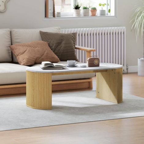 Table basse ovale blanche plateau imitation marbre 110 x 50 x 40 cm, tous les coins arrondis sécurité et piètement épais stable pour salon (1/5)