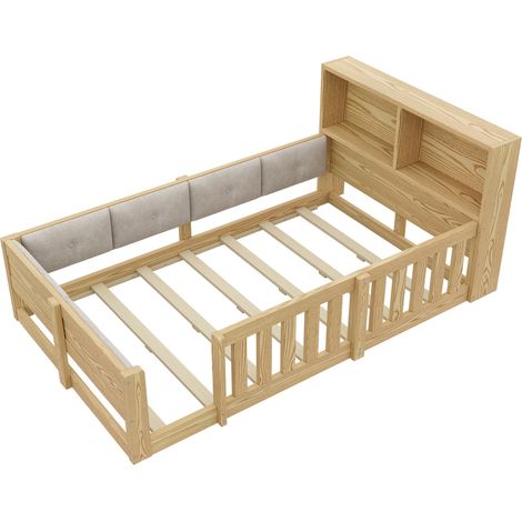 Letto per bambini 90 x 200 cm con sponde imbottite, contenitore e luce LED, naturale (1/5)