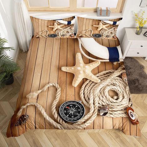 Plage Etoile De Mer Parure de Lit 140x200cm Océan Marine Thème Housse de Couette pour Enfants Enfants Ados Style en Bois Parure Housse de Couette Créatures Mer Chambre Décor 2Pcs - 140 x 200 cm (1/5)