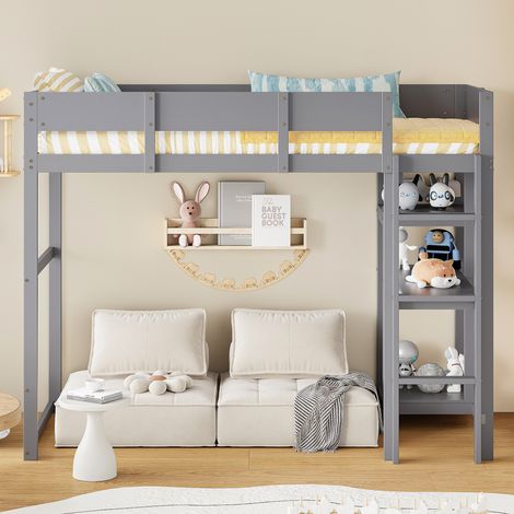Lit mezzanine avec étagère 90 x 200 cm,cadre de lit en pin massif avec cadre à lattes,lit pour enfants et adolescents gris-Go