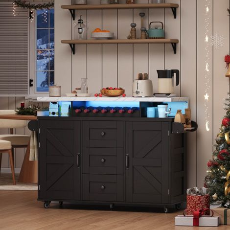 Desserte de cuisine avec led, plateau rabattable, 2 portes et 3 tiroirs, noir, 120x60x93 cm (1/5)