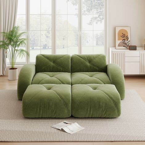 Canapé modulaire 2 places avec 2 poufs, sans cadre, adapté au salon et aux appartements, antidérapant, aucun montage requis, Vert (1/5)