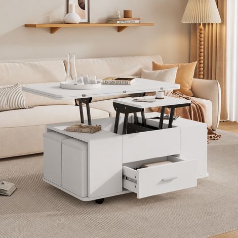 Table basse réglable en hauteur 100 x 50 cm blanche avec 4 tabourets de rangement (1/5)