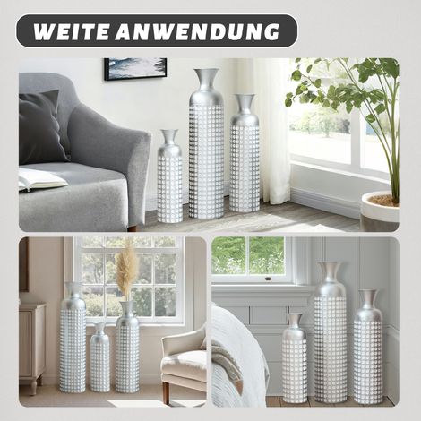 Vase de sol en métal argenté, lot de 3, finition brillante moderne à motif pointillé, 49,5/66/84 cm, grande déco pour salon, salle à manger, entrée, idéale pour fleurs séchées et herbe de la pampa. (1/5)