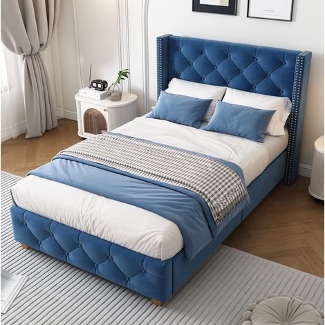 Lit rembourré 90 x 200 cm avec sommier à lattes et tête de lit capitonnée, velours bleu, pieds en bois, style élégant pour chambre adulte - CHICFURN (1/5)