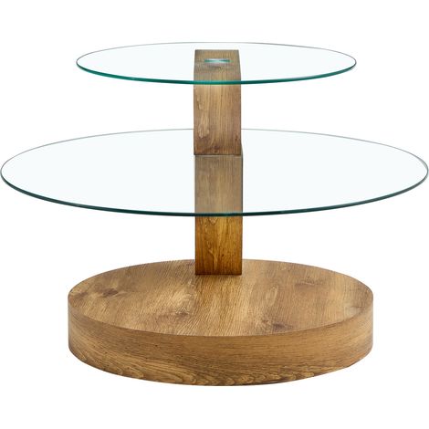 Table basse design moderne en verre trempé à deux niveaux, plateau MDF stable, finition imitation bois, idéale pour le salon, coloris transparent ou bois – CHICFURN (1/5)