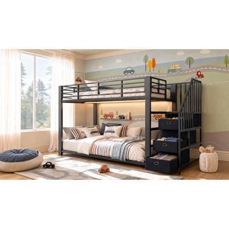 Letto a castello per adulti 90x200 cm in metallo nero, scala contenitore e LED - CHICFURN (1/5)