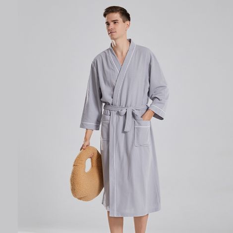 Peignoir en tricot léger 100 % coton pour homme Peignoir mi-long en pur coton pour homme, modèle léger pour l'été (1/5)