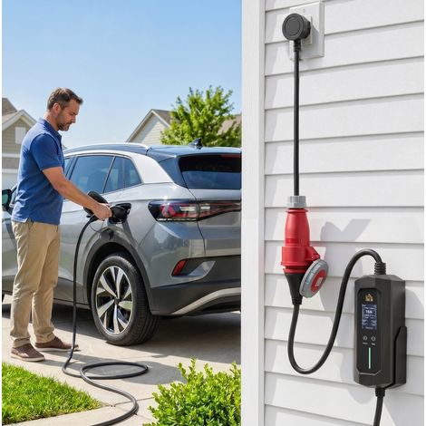 Borne de recharge mobile pour voiture électrique 11 kW, câble Type 2 de 8 m, écran LCD, puissance réglable 4-11 kW, minuterie et adaptateur 3,5 kW - CHICFURN (1/5)