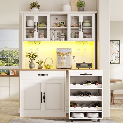 Buffetschrank 140x38x180 cm weiß aus MDF mit LED-Beleuchtung, Rollwagen und Weinregal (1/5)