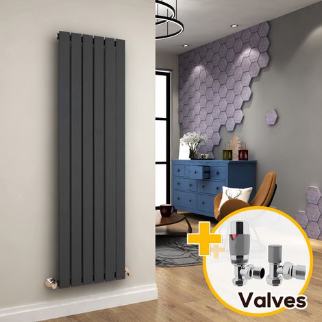 ELEGANT Designer Vertical Column Radiator Anthracite Single Flat Panel 1600 x 452mm + Chrome Thermostatic Radiator Valves (1/5)