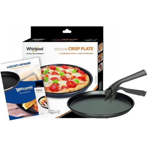 ERICAMBI®, Kit Bundle, Piatto Crisp Whirlpool Medio (Ø29cm [interno] - Ø31cm [esterno] H. 2,5 cm) per Microonde + Maniglia Universale per Piatto + eBook con 20 Ricette Gustose