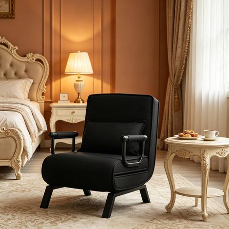 Schlafsessel 65x78x75 cm schwarz aus Leinen, Schaumstoff und Metall, 3-in-1 mit verstellbarer Rückenlehne (1/5)