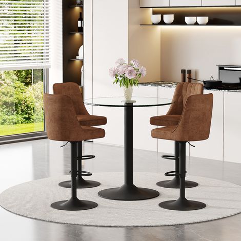 Ensemble bar modulable table verre 89cm + 4 tabourets pivotants tissu technique marron métal noir repose-pieds