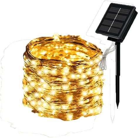 Guirlande lumineuse solaire LED d'extérieur (12 m, 100 LED, lumière chaude) - Fil de cuivre - Décoration pour jardin, cour, fêtes et Noël (1/5)