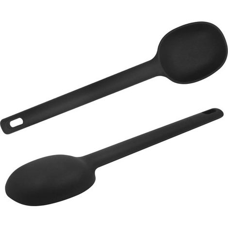 Utensilios de cocina de silicona，juego de 2 cucharas para servir，cucharas de plástico，cucharas grandes negras para servir (1/5)