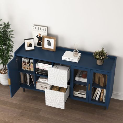 Credenza con ante in vetro, 2 cassetti, 2 ripiani, design unico, MDF, colore blu (1/5)