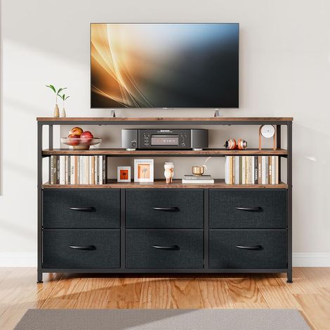 Meuble TV 100 cm de Long,Meuble Télé de Salon avec Tiroirs en Tissu,Armoire de Télévision avec Étagères pour Salon, Chambre,Cadre en Métal,Noir,H80 x L100 x W30cm (1/5)