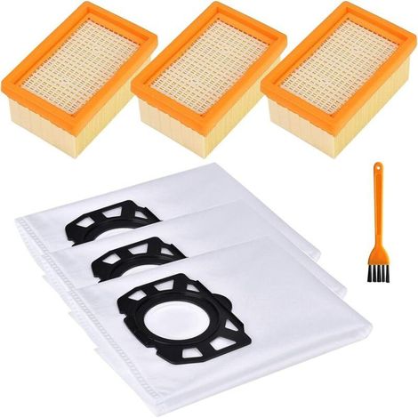 Kärcher Lot de 3 filtres d'aspirateur pour WD4 WD5 WD6, sacs d'aspirateur et filtre plissé plat pour MV4 MV5 MV6, avec brosse, pièces de rechange (1/5)