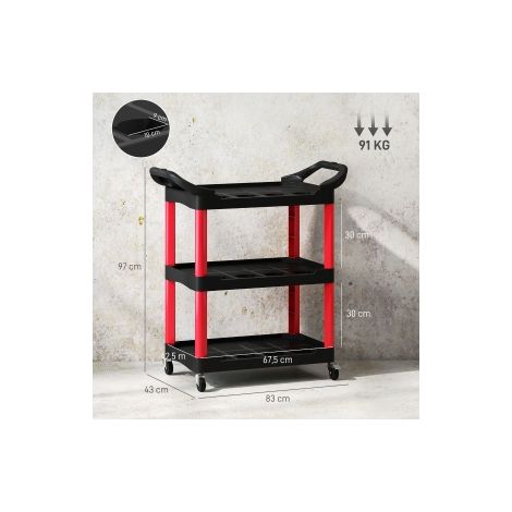 Chariot d'atelier rouge et noir à 3 niveaux avec poignée et perforations pour outils, charge max. 91 kg, pour garage et atelier (1/5)