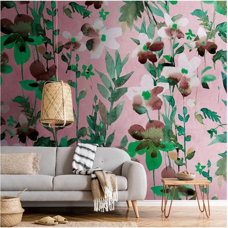 Sfondo fotografico Profhome 382731 Carta da parati TNT goffrata a caldo liscia con motivo floreale opaca verde rosa bianco marrone 3,71 m x 2,8 m (1/4)