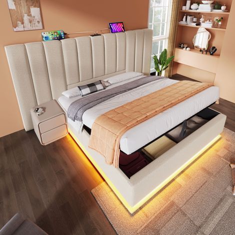 Cama 160x200 cm beige de lino con LED 360°, USB y almacenaje hidraulico (1/5)