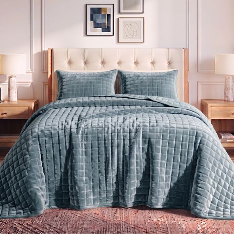 Parure de lit 3 pièces en Velours Super Doux pour très Grand lit, Comprend Une Couette surdimensionnée et Deux taies d'oreiller, 260 g/m², Bleu Brume (1/5)