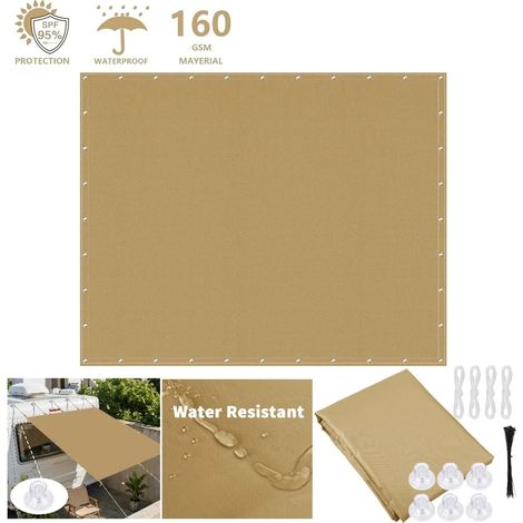 (Jaune sable, avec ventouses, 3x4M) Voile d'ombrage, imperméable et résistante aux UV, adaptée aux piscines et aux terrasses. (1/5)