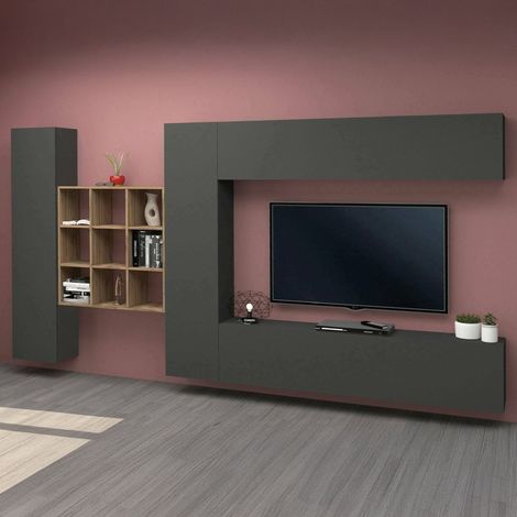 Dmora - Meuble Mural Dfallic, Ensemble de salon Meuble TV avec 4 portes, Meuble de salon polyvalent, 100% Made in Italy, cm 350x30h180, Anthracite (1/5)