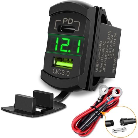 Switch Style USB Outlet LED Voltmeter Quick Connector 12V PD Type C et USB QC 3.0 Remplacement de voitures avec fusible en ligne pour panneau de commutateurs sur des bateaux Voiture de camion RV (1/5)