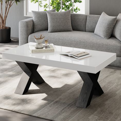 REDOM Couchtisch 100x50x40 cm, hochglänzende Tischplatte, X Beine, MDF, Weiß und Schwarz (1/5)