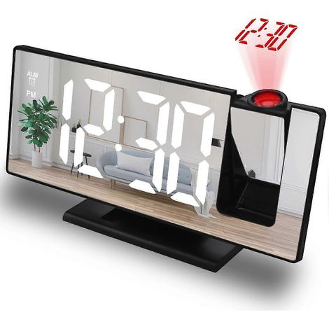 Réveil numérique à projection avec un grand écran LED miroir de 7,3 pouces, doté d'une fonction de répétition d'alarme et d'une fonction de variation de luminosité contrôlées par la température. (1/5)