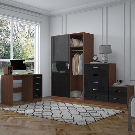 Reflect 2 Door Sliding Wardrobe, 5 Drawer Chest, 2 Drawer Bedside & Desk - Black Gloss & Walnut - Modern Bedroom Furniture Set (1/5)