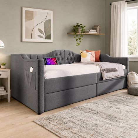 Cama individual tapizada 90x200 cm con 2 cajones, USB y Type-C, gris HAVRYA (1/5)