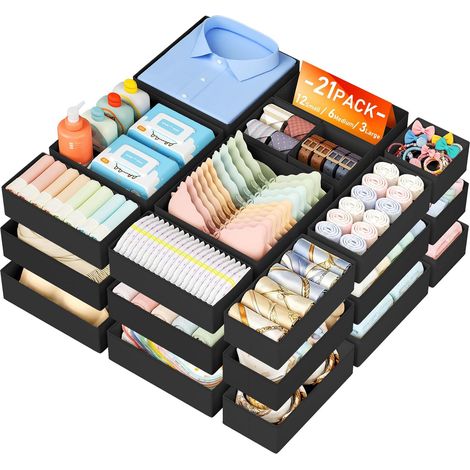 Rangement Vetement - Rangement Tiroir Organisateur de Tiroir, Organisateur Dressing en Tissu, Pliable, pour Soutiens-Gorge, Chaussettes, Culottes, Cravates, Écharpes, 21 Pièces, Noir (1/5)
