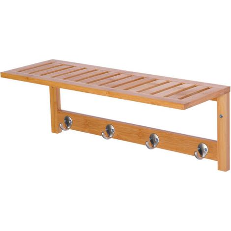 Porte-manteau mural penderie murale étagère 50L x 16l x 17,5H cm 4 patères kit fixation fourni bambou naturel (1/5)