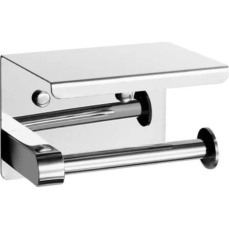 Portarotolo di carta igienica con supporto per cellulare integrato, realizzato in acciaio inox, da parete, con finitura cromata lucida. (1/4)