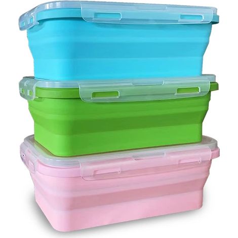 Boîte À Lunch Pliable - Silicone Alimentaire - 1200 Ml - 3 Pièces - Multicolore Bleu Rose Vert