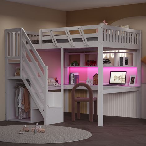 Lit mezzanine 140x200 cm en bois massif avec bureau escalier rangement prises USB éclairage LED, lit enfant ado gain de place, structure bois blanc