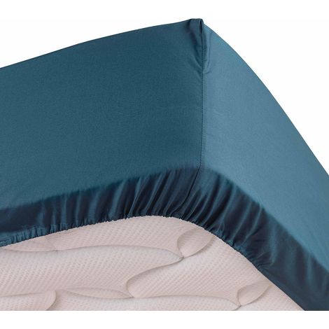 Drap housse bleu 160 x 200 cm en percale bonnet de 30 cm (1/2)