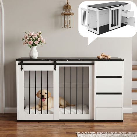 Cage pour chien 2 en 1, cage en bois et métal au design meuble, 140x60x87cm, blanche, plateau recouvert d'un film effet marbre noir (1/5)