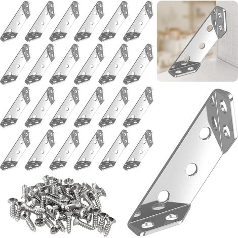 Juego de 24 soportes triangulares de acero inoxidable con tornillos, ideales para estantes y armarios de madera, color plata. (1/4)