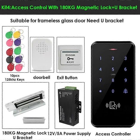 Kit de contrôle d'accès étanche 125 kHz, clavier tactile RFID, serrure électromagnétique WG 26/34, 3 000 utilisateurs, incluant le kit d'alimentation Access Power Kit 4. (1/5)
