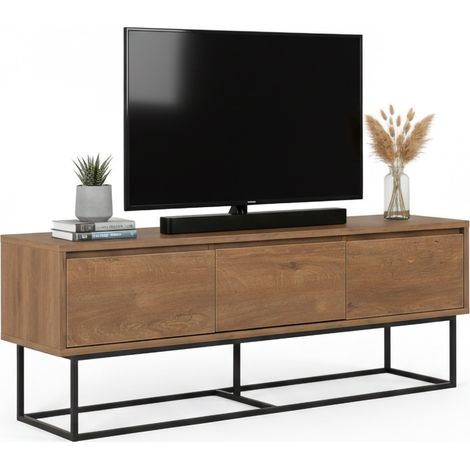 Dmora - Fernsehschrank Eos, Ständer für Wohnzimmerfernseher, Niedriges Wohnzimmer-Sideboard, TV-Ständerbasis, 140x40h50 cm, Walnuss und Schwarz, mit verstärkter Verpackung