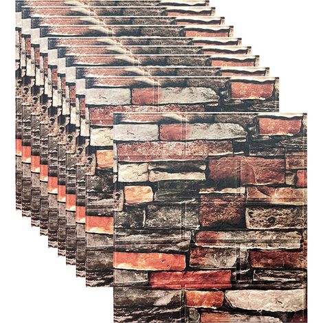 Jeu de 10 Panneaux muraux 3D, auto collants, 3D imperméable à l’eau brique mur tatouage, DIY revêtement mural, effet pierre, 38.5 x 35 cm (1/5)