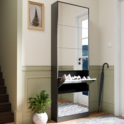 Mobiletto porta scarpe moderno con specchio a figura intera, scarpiera in legno con 5 cassetti a ribalta per ingresso, nero (1/5)