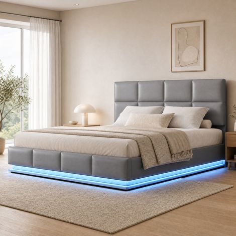 Polsterbett 180x200 cm mit LED, verstellbares Kopfteil, hellgrau HAVRYA (1/5)