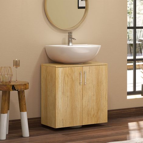 Meuble de salle de bain mural avec 2 portes et 2 étagères en bois, couleur naturelle (1/5)