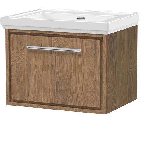 Longnor 1 Drawer Wall Hung Vanity Unit with 0 Tap Hole Traditional Fireclay Basin, Antique Oak, 600mm