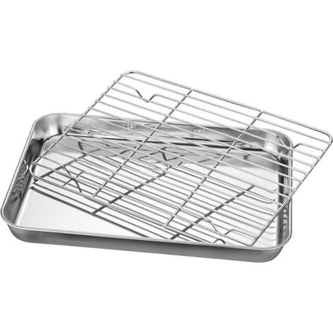 Plaque de cuisson carrée en acier inoxydable à fond plat avec grille et bac de récupération des graisses (40 x 30 x 2,5 cm) (1/5)